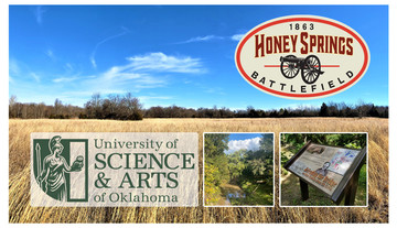 Honey Springs Battlefield landscape, blue sky and open prairie with logo at top right