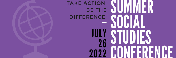 Social Studies Summer Conference purple banner with a faint image of a globe in the background