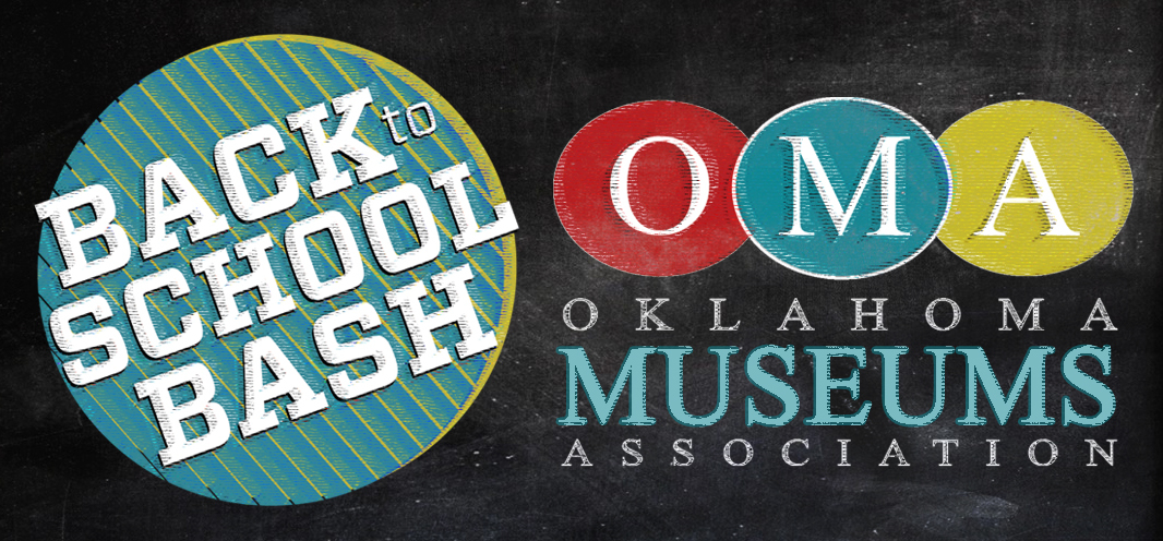 Back to school bash logo in blue circle and the Oklahoma Museums Association logo pictured as though drawn in chalk on a chalkboard