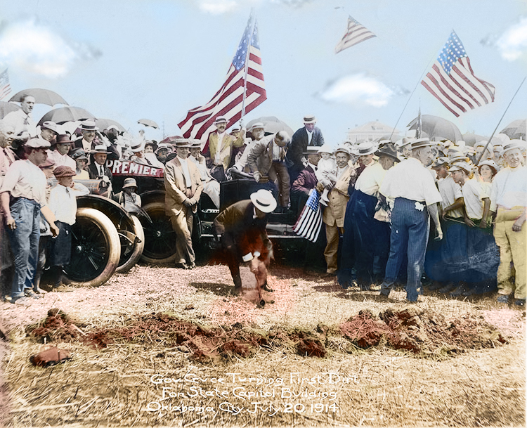 Governor Cruce Oklahoma Capitol groundbreaking July 20, 1914 colorized image of crowd with flags
