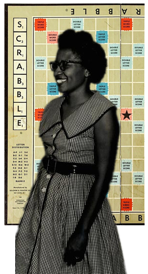 Civil Rights leader Clara Luper with a Scrabble game board in the background