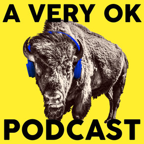 A Very OK Podcast logo, a bison with earphones