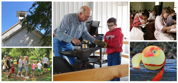 A collage of activities at the Cherokee Strip Regional Heritage Center, apple peeling, blacksmithing, and families interacting