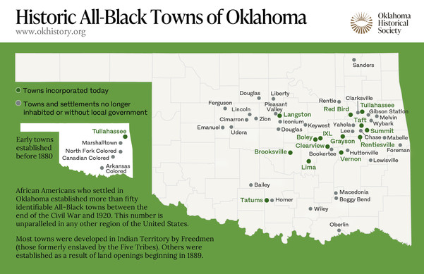 A map with the locations of Historic All-Black Towns in Oklahoma