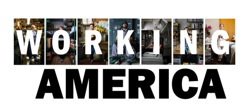 An exhibit graphic with the words "Working America" each letter depicts a photograph of an American worker