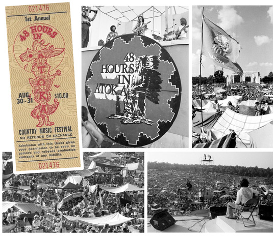 A collage of black and white photographs depicting a large crowd gathered for a music festival in 1975, 48 Hours in Atoka