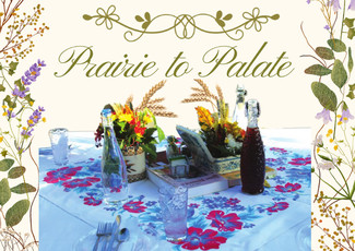 Prairie to Palete Fundraiser in script with a country table setting and flower arrangement in the background