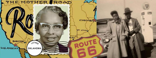 Route 66 map and shield with photos of patrons at the Threatt Filling Station