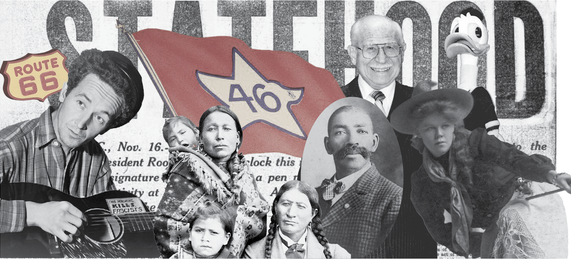 A collage of notable Oklahomans including Woody Guthrie, Clarence Nash, Lucille Mulhall, Bass Reeves and the 46 star flag of Oklahoma