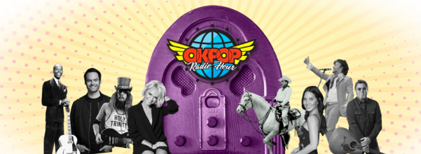 a collage of Oklahoma singer songwriters and creatives with a vintage radio at the center and the words "OKPOP Radio Hour"