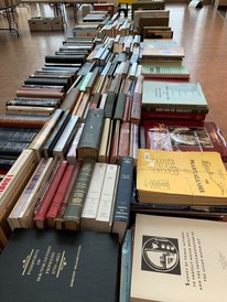A photograph of hundreds of books on sale at the Oklahoma History Center