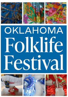 A collage of clothing and items from diverse cultures and the words Oklahoma Folklife Festival at the center