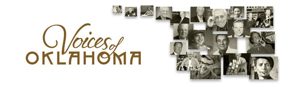 Voices of Oklahoma logos and a collage of people who have been interviewed with the Voices project.