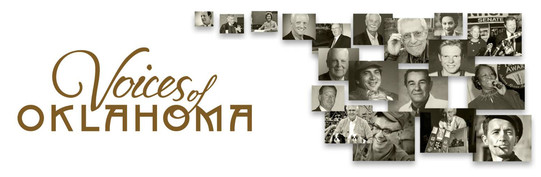 Voices of Oklahoma logos and a collage of people who have been interviewed with the Voices project.