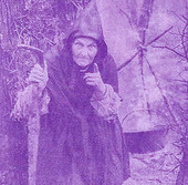A purple colorized photo of a witch and a cauldron