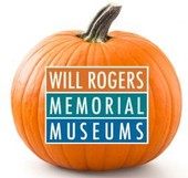 A pumpkin with the Will Rogers Memorial Museums logo in the center