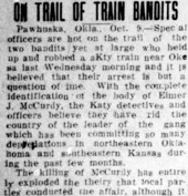 A newspaper story "On the Trail of Train Bandits" about the outlaw Elmer McCurdy's capture