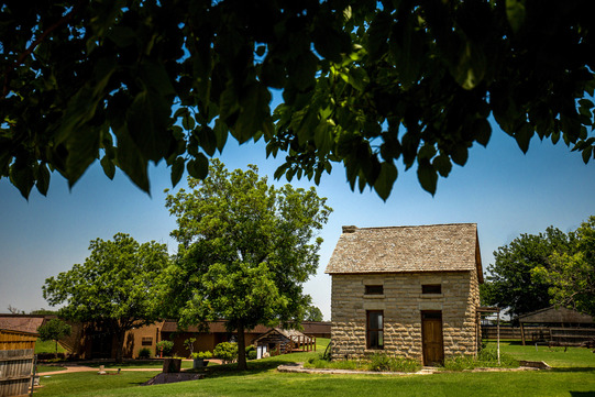 The Eddleman family two-story limestone ranch house on the grounds of the Museum of the Western Prairie