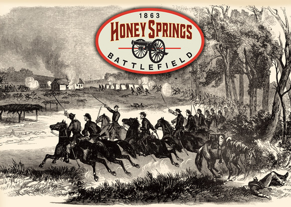 Harpers Weekly engraving of the Battle of Honey Springs, and the Honey Springs Battlefield logo