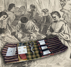 Harper's Weekly engraving picturing women of the Civil War era sewing and mending and a sewing kit in the foreground.