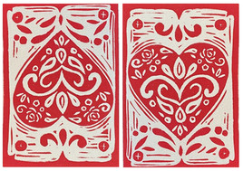 Two images of the same lino-cut valentine, printed in red ink. One heart is right side up, and the other right side down