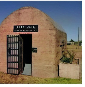 A photo of the tiny jail in Manitou Oklahoma with the words "History and Hops" next to the photo