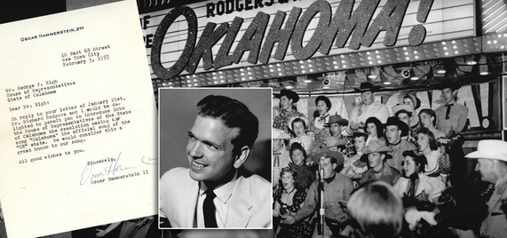 A photo collage featuring a photo of Governor George Nigh, a group of people singing the state song Oklahoma! and a Hammerstein letter