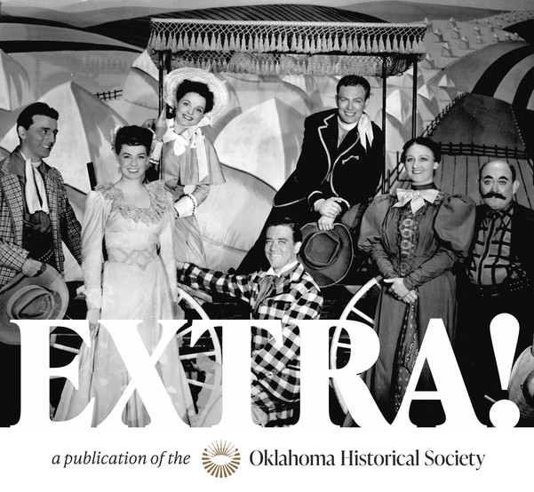 "The cast of "Oklahoma!" lines up around the famed "Surrey With the Fringe on Top." 1946