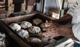 A man's hands are shown working with the dough for multiple loaves of bread