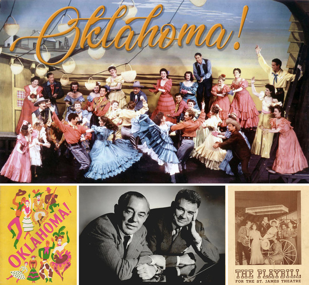 A collage of a photo of the original Broadway production of Oklahoma, performers dancing and a photo of Rodgers and Hammerstein