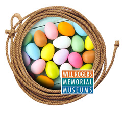 A lasso and the Will Rogers Memorial Museum surrounds a grouping of colored eggs making the appearance of a nest.