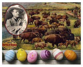 A poster of Pawnee Bill and a row of Easter Eggs below