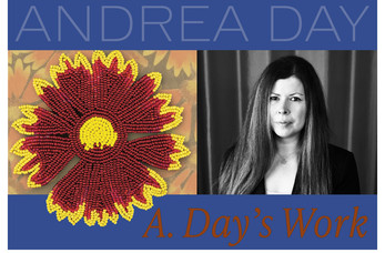 Andrea Day artist portrait and a detail of her Muscogee (Creek) beadwork in the shape of a flower