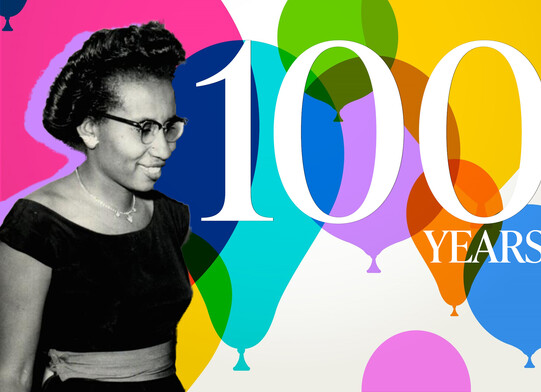 Clara Luper with a colorful balloon backdrop, and the words 100 YEARS