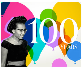 a graphic with a photo of Clara Luper and a background of colorful balloons. Words superimposed on the graphic read 100 YEARS