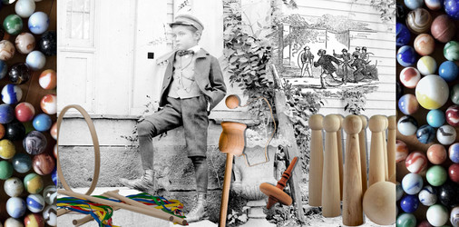A glass plate negative of a boy at Hunter's Home in the 19th century with a collage of games and wooden toys of that era