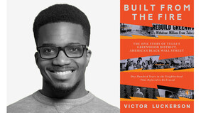A photo of the author Victor Luckerson and the book cover from his title "Built from the Fire"