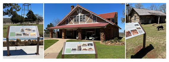 A collage of 3 photos all depicting outdoor signs at Pawnee Bill Ranch. The historic home, windmill and log cabin are pictured