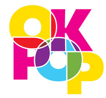 The OKPOP Museum logo stacked flourescent letters jumbled together with color mixtures at the intersection of the letters