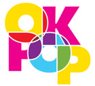 The OKPOP Museum logo stacked flourescent letters jumbled together with color mixtures at the intersection of the letters