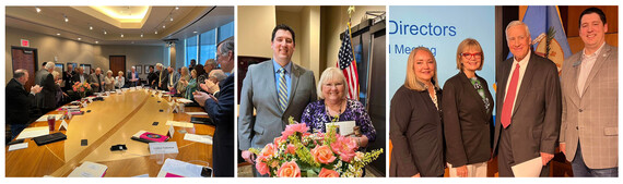 3 photos of the OHS April 21 Board Meeting, Executive Director Trait Thompson, and new Board members sworn in the following day