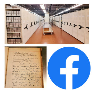 The facebook logo, a handwritten document, and a photo of the Oklahoma Historical Society archives