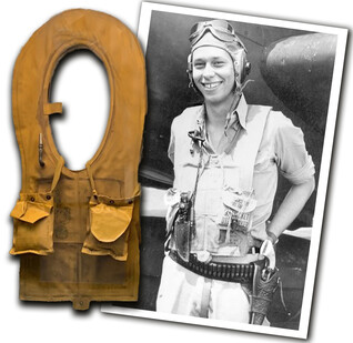 Harry Hanna's US Navy Mae West vest, and a photograph of Harry Hanna wearing the vest as a WWII US Navy pilot