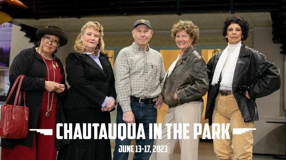 A group of actors dressed in costume attire, some as aviators, with the words "Chautauqua in the Park" below