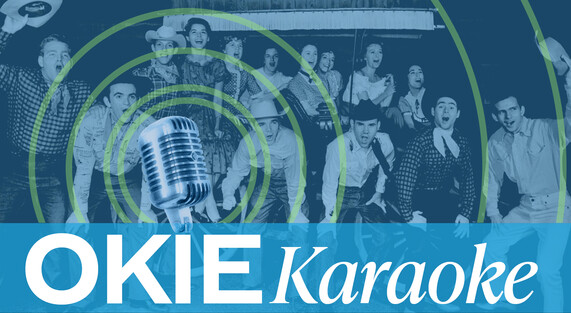 A photograph of a group of people singing around a microphone and the words "OKIE Karaoke"
