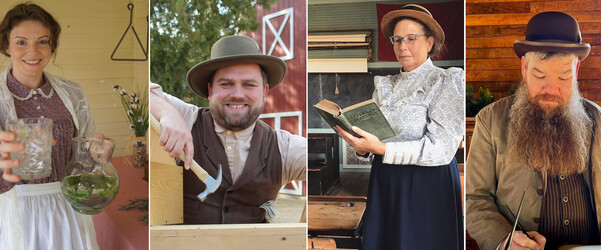 a Grouping of photos depicting reenactors, serving a cool drink, doing carpentry, a schoolmarm reading, and a land officer