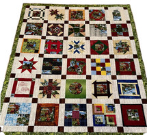 a sampler quilt with a variety of colorful quilt blocks, each with a different pattern and technique