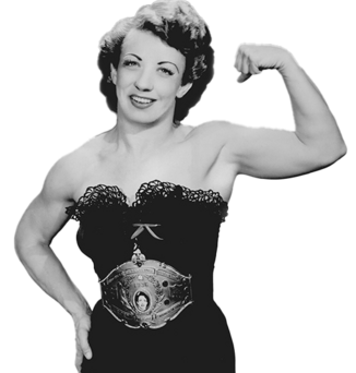 Mildred Burke, 1953. The wrestler is wearing a black one pice outfit with a world champion belt, making a bicep curl for the camera.