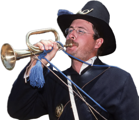 A bugler dressed in a Union Civil War era uniform