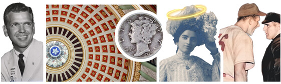 A collage of George Nigh, the Oklahoma Capitol dome, a 1937 Mecury Dime, Kate Barnard with halo, and a baseball player and umpire